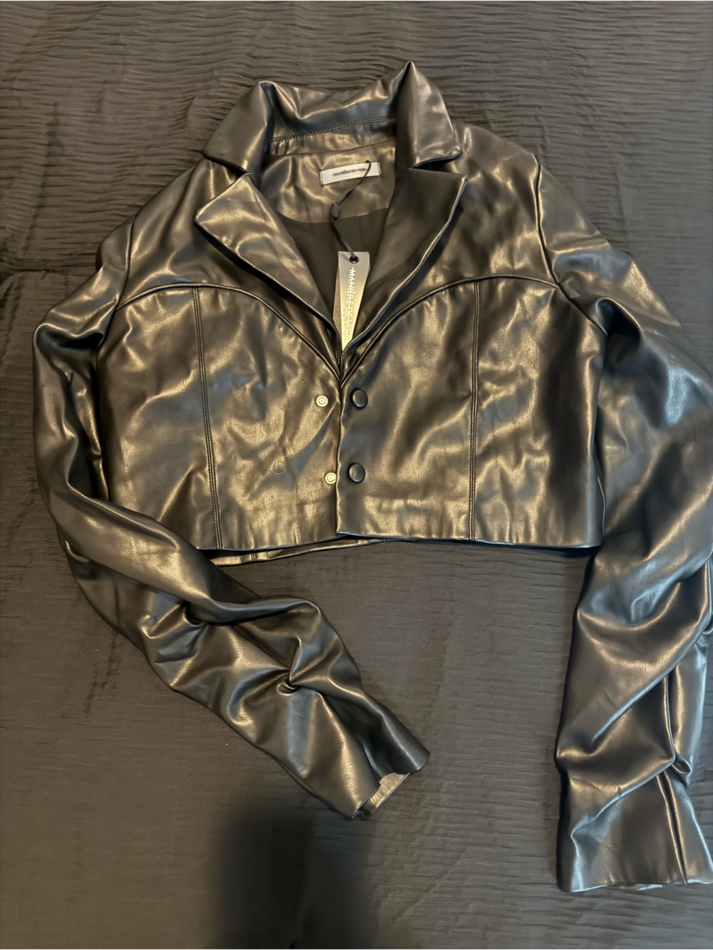 Maniere De Voir Black Faux Leather Cropped Blazer